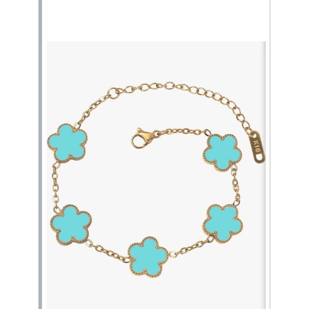 18K Gold Blue Clover Charm Bracelet Van Cleef Style Dainty Alhambra Chain Luxury